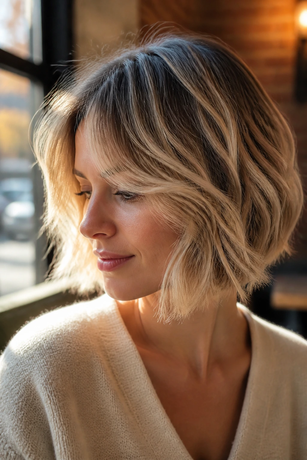 Portrait of real woman with blonde balayage inverted bob and defined waves in sunlit setting