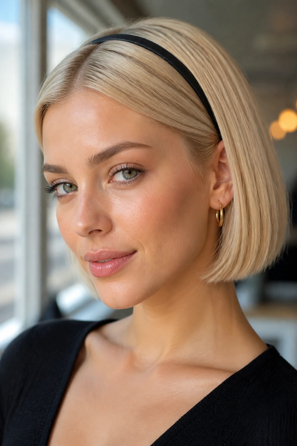 Real woman with sleek blonde bob and headband in natural light