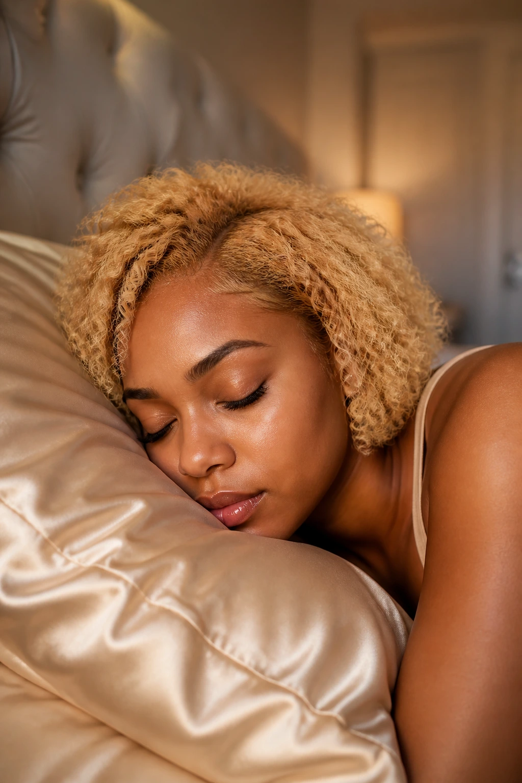 Real woman with blonde bob sleeping on satin pillowcase in bedroom