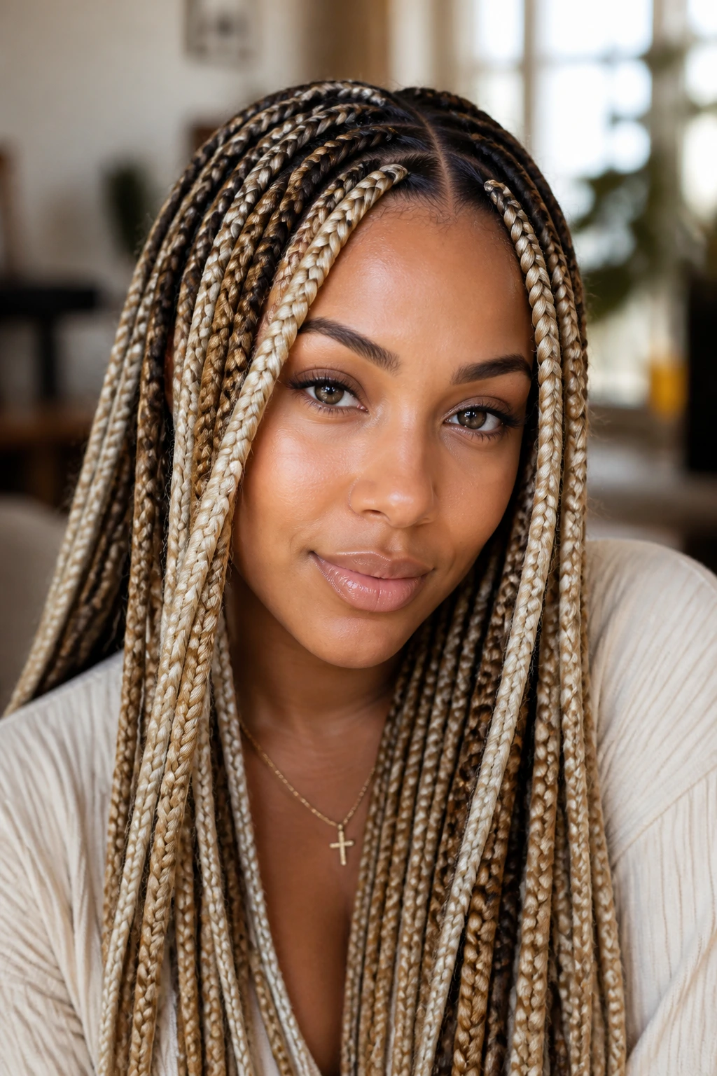 Close-up of a real woman with blonde-streaked Poetic Justice braids