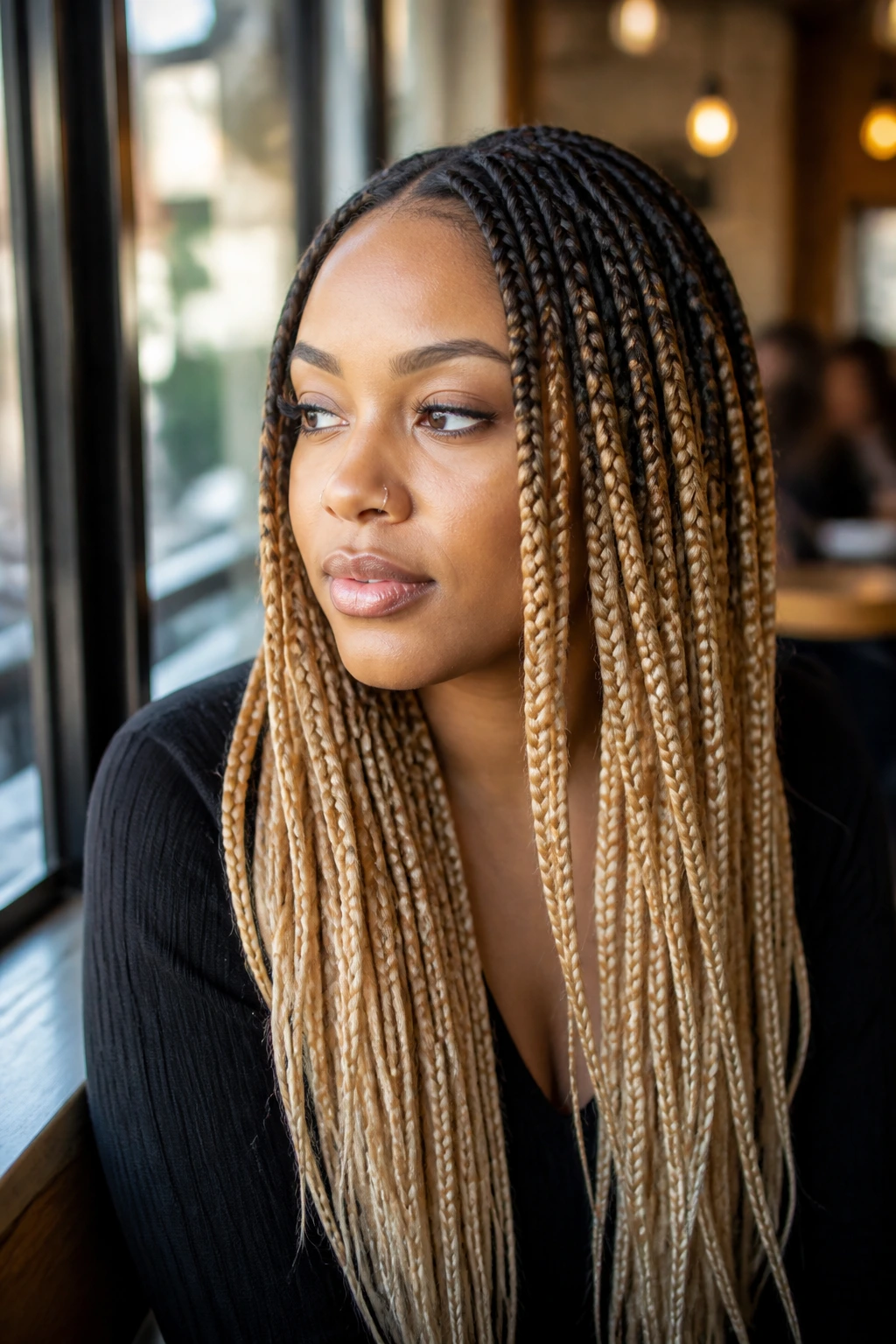 Close-up of blonde ombré box braids on a real woman