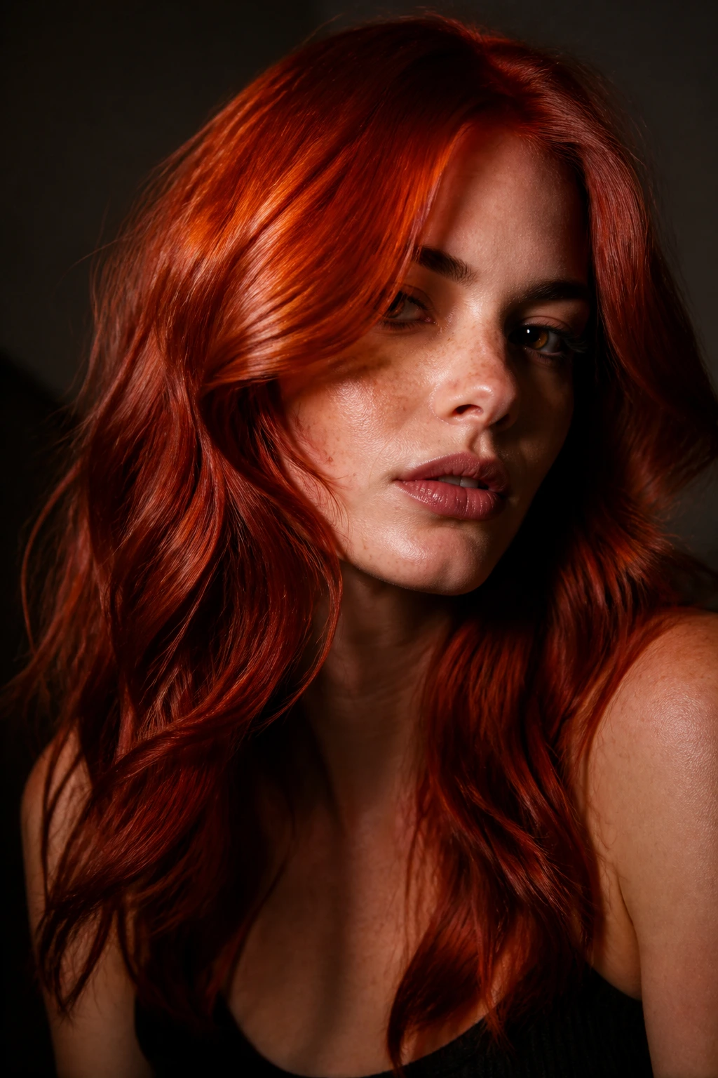 Real person with deep blood orange hair in a fashion studio lighting