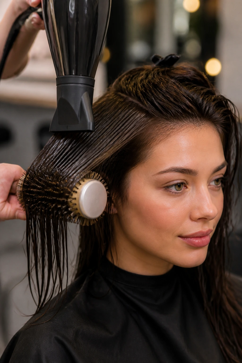 Close-up of a real woman being blow-dried with downward nozzle and round brush