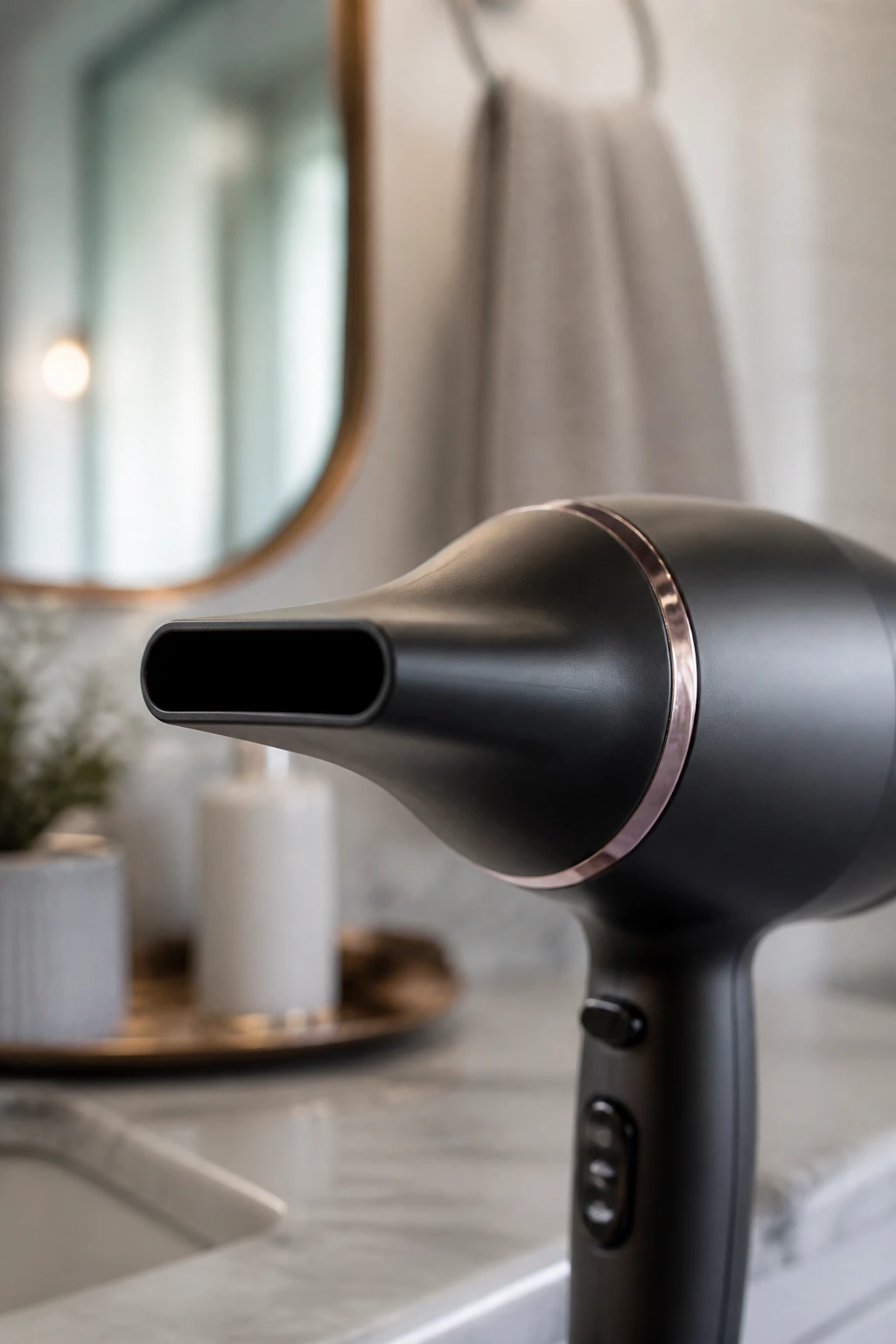 Close-up of a blow dryer with concentrator nozzle in a bathroom