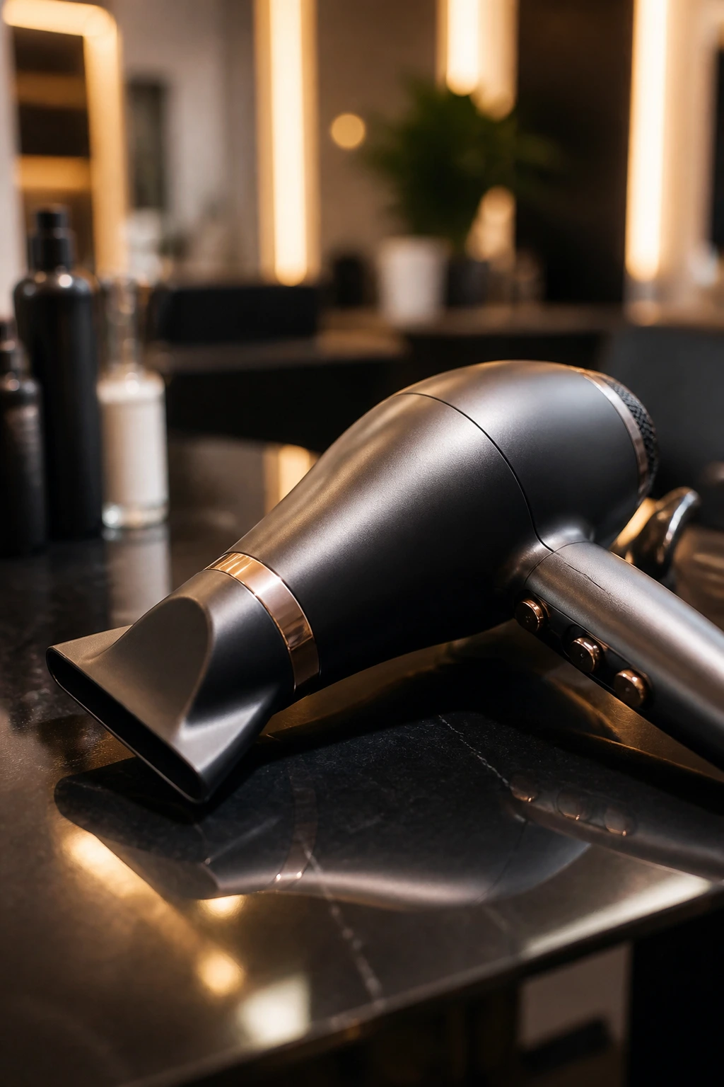Close-up of a blow dryer with concentrator nozzle in a salon setting