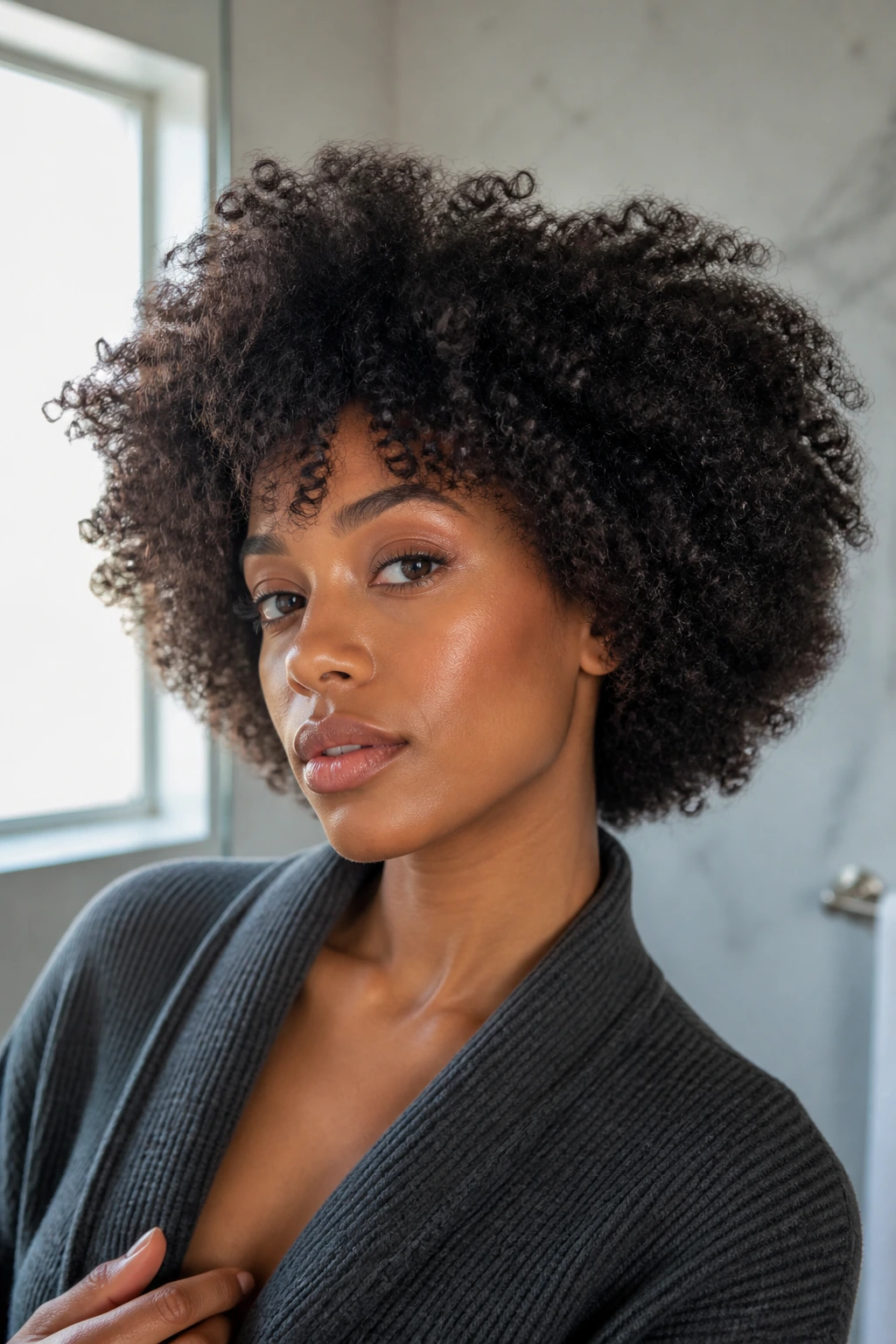 Close-up of blown-out curly texture on a real person