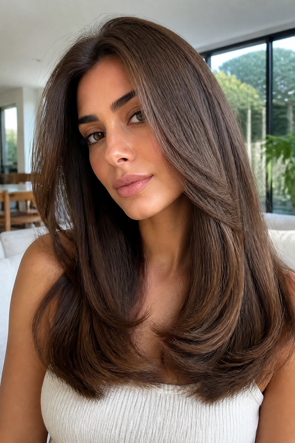 Close-up of a real woman with blown-out voluminous straight hair and rounded ends.