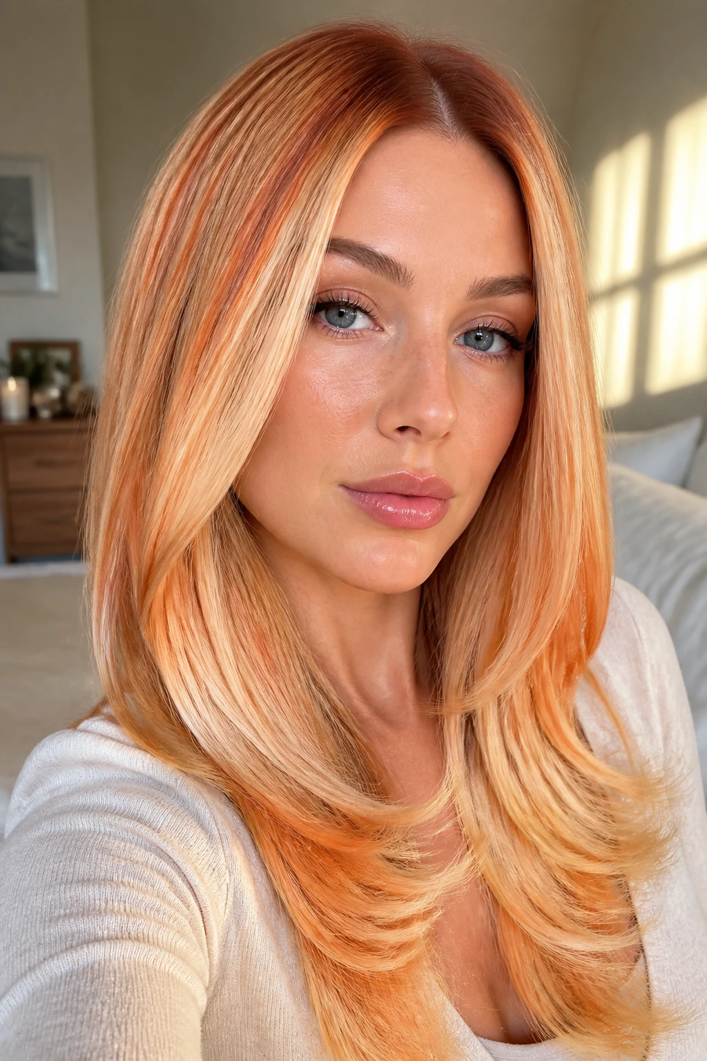 Close-up of a real woman with a 90s-inspired sleek straight blowout in creamsicle orange and vanilla tones
