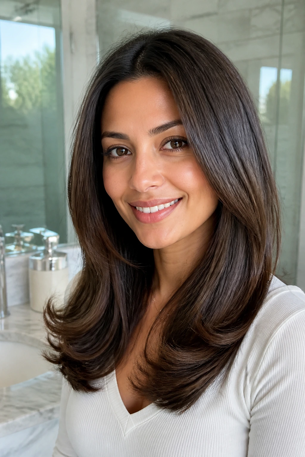 Woman with smooth blowout and curved ends in a bright bathroom setting
