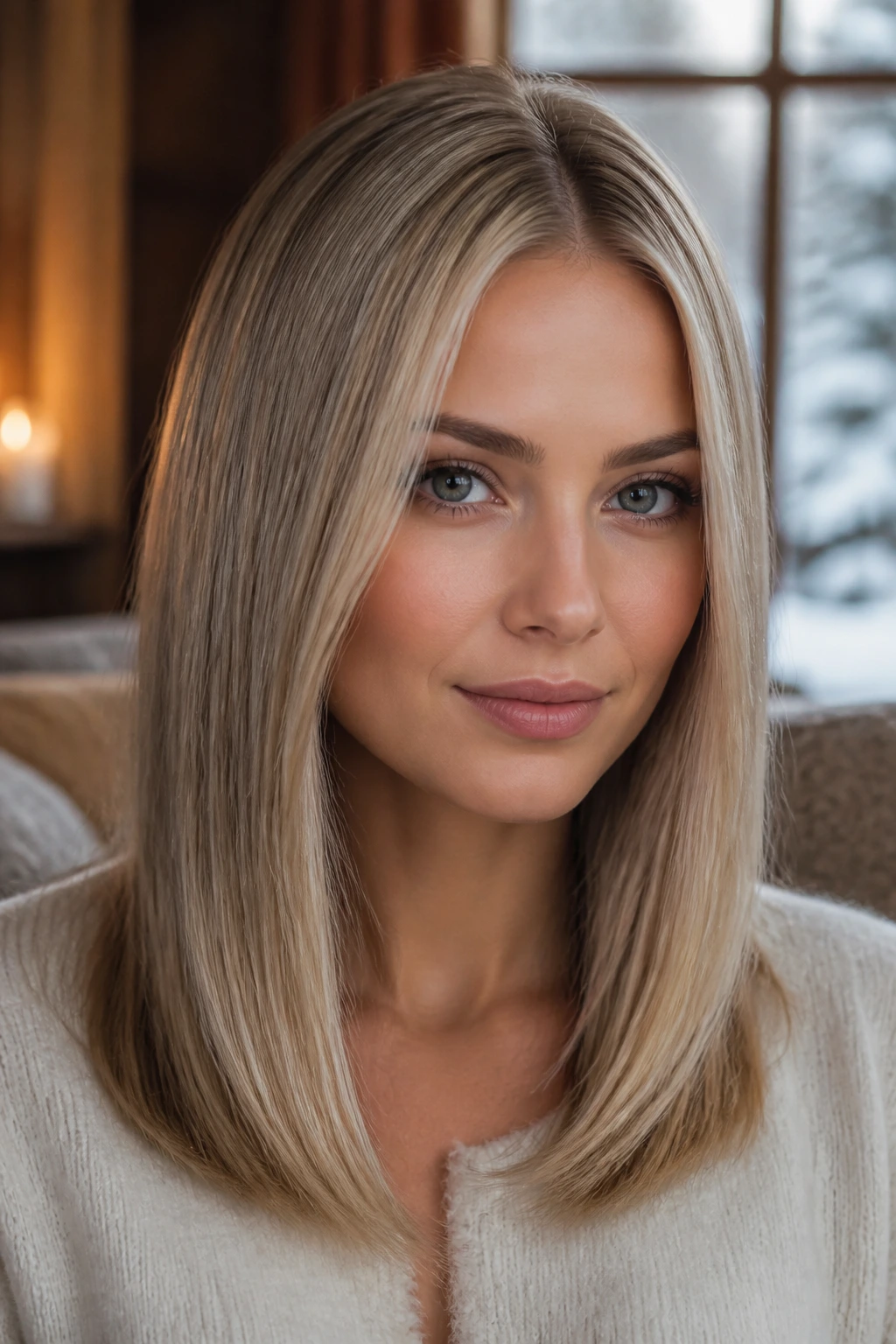 Close-up portrait of a woman with a sleek straight blowout hairstyle in a cozy winter interior