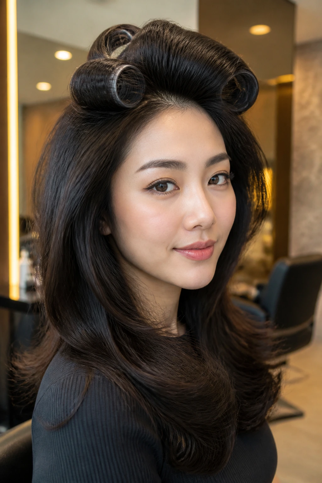 Close-up of a real woman with a voluminous blowout and visible velcro rollers at roots in a salon