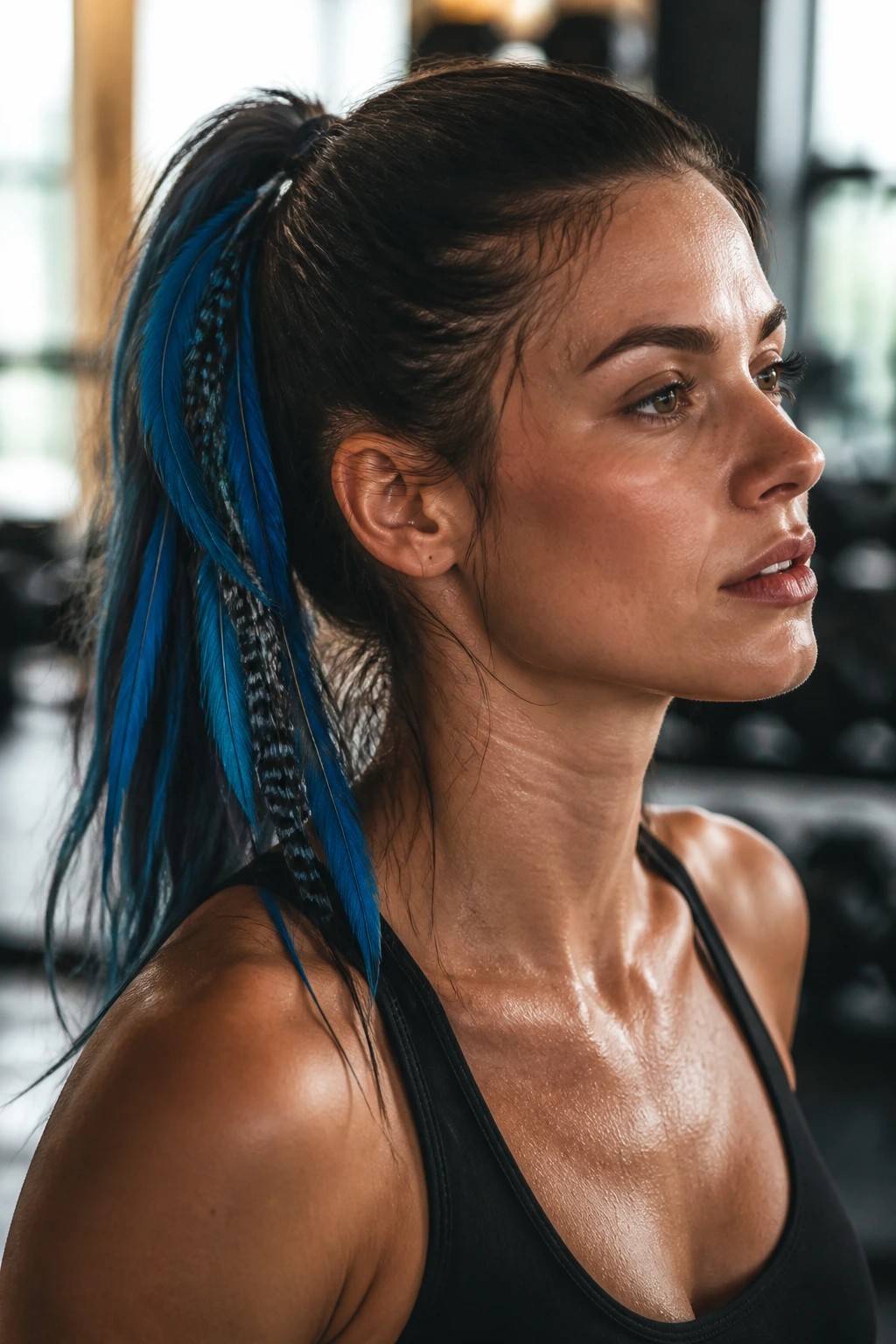 Close-up portrait of a real woman with blue feather hairstyle in a gym, thoughtful expression