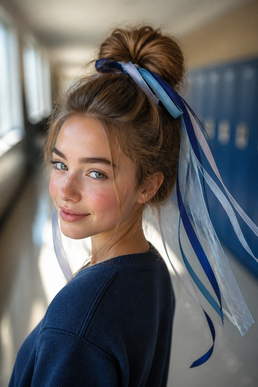 Close-up of a real person with a high messy top knot and blue ribbons trailing behind in a school hallway