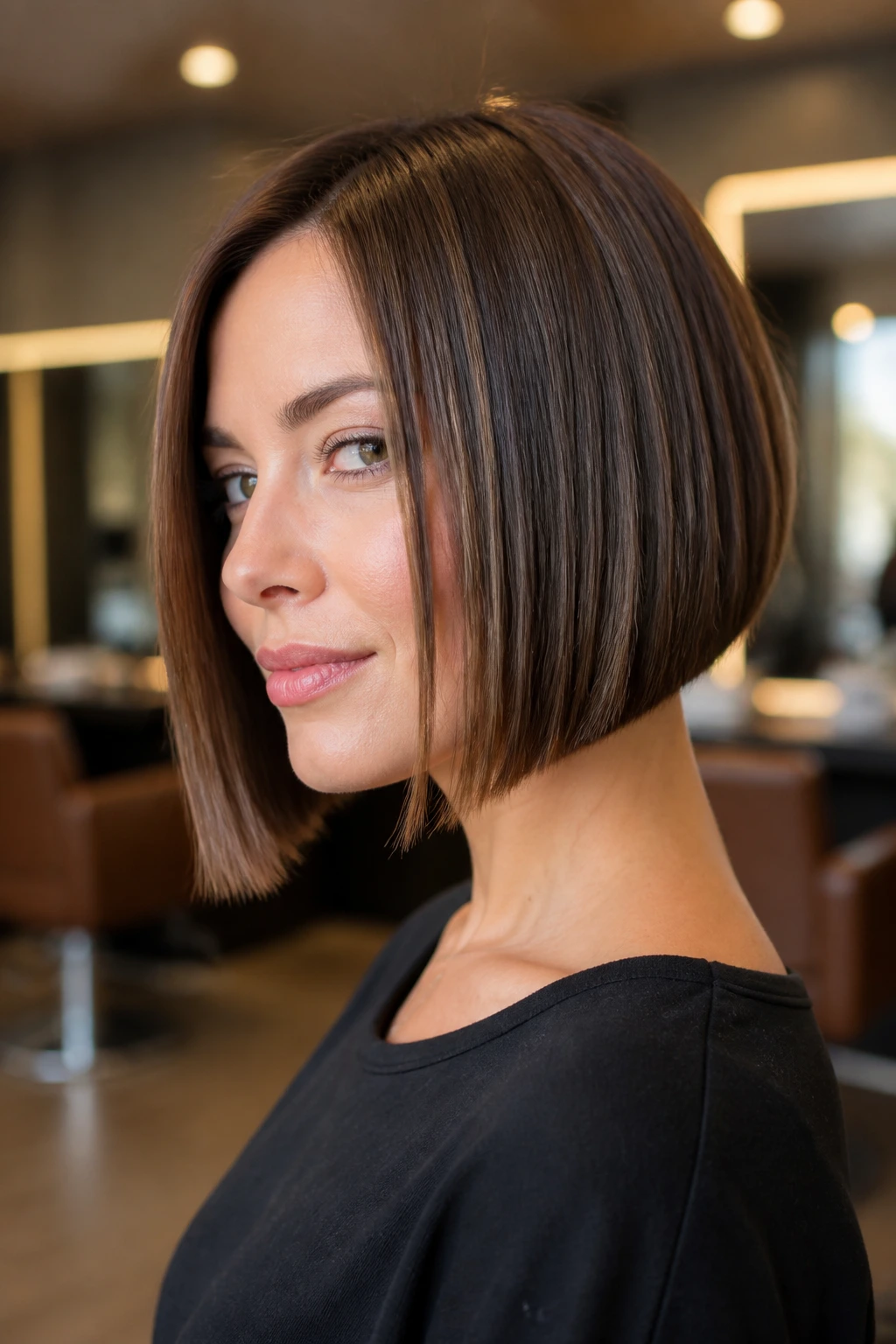 Close-up of a real woman with a blunt A-line bob showing a dense, sharp perimeter
