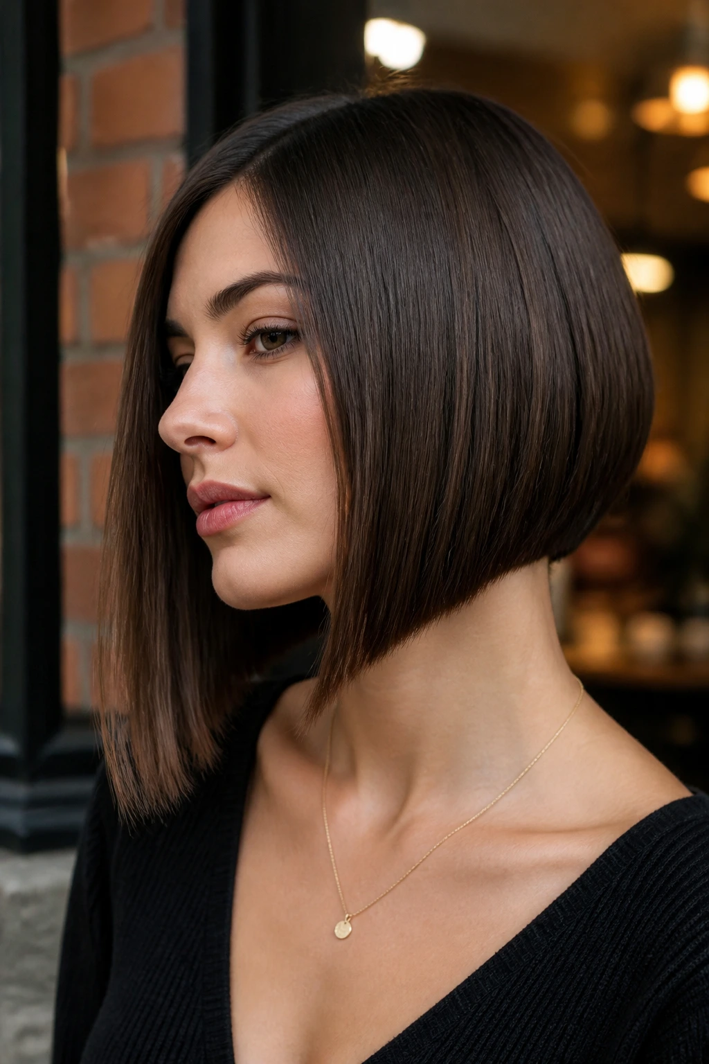 Close-up of a woman with a blunt A-Line bob, sharp line and smooth finish
