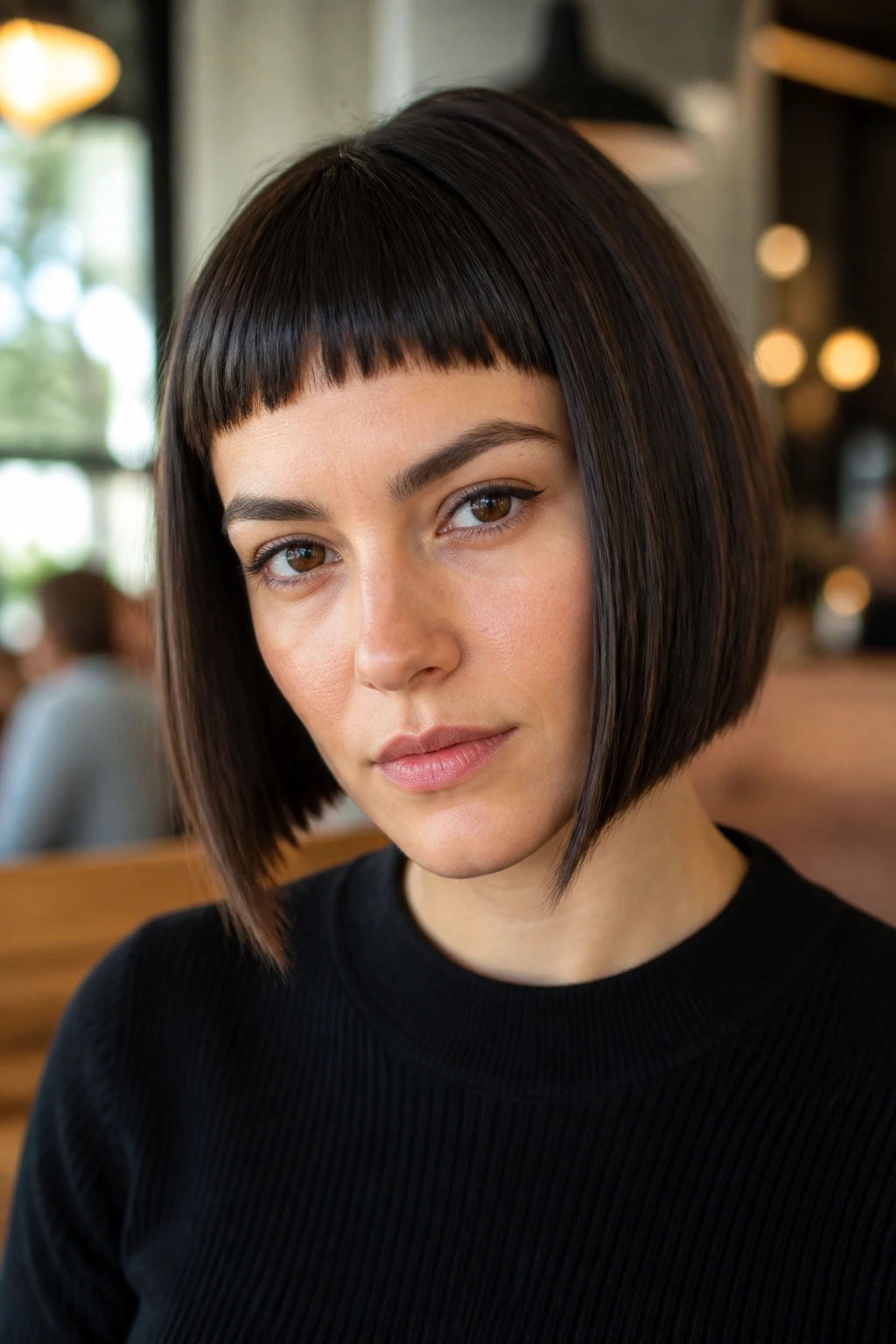 Close-up of a woman with blunt A-Line and micro-bangs