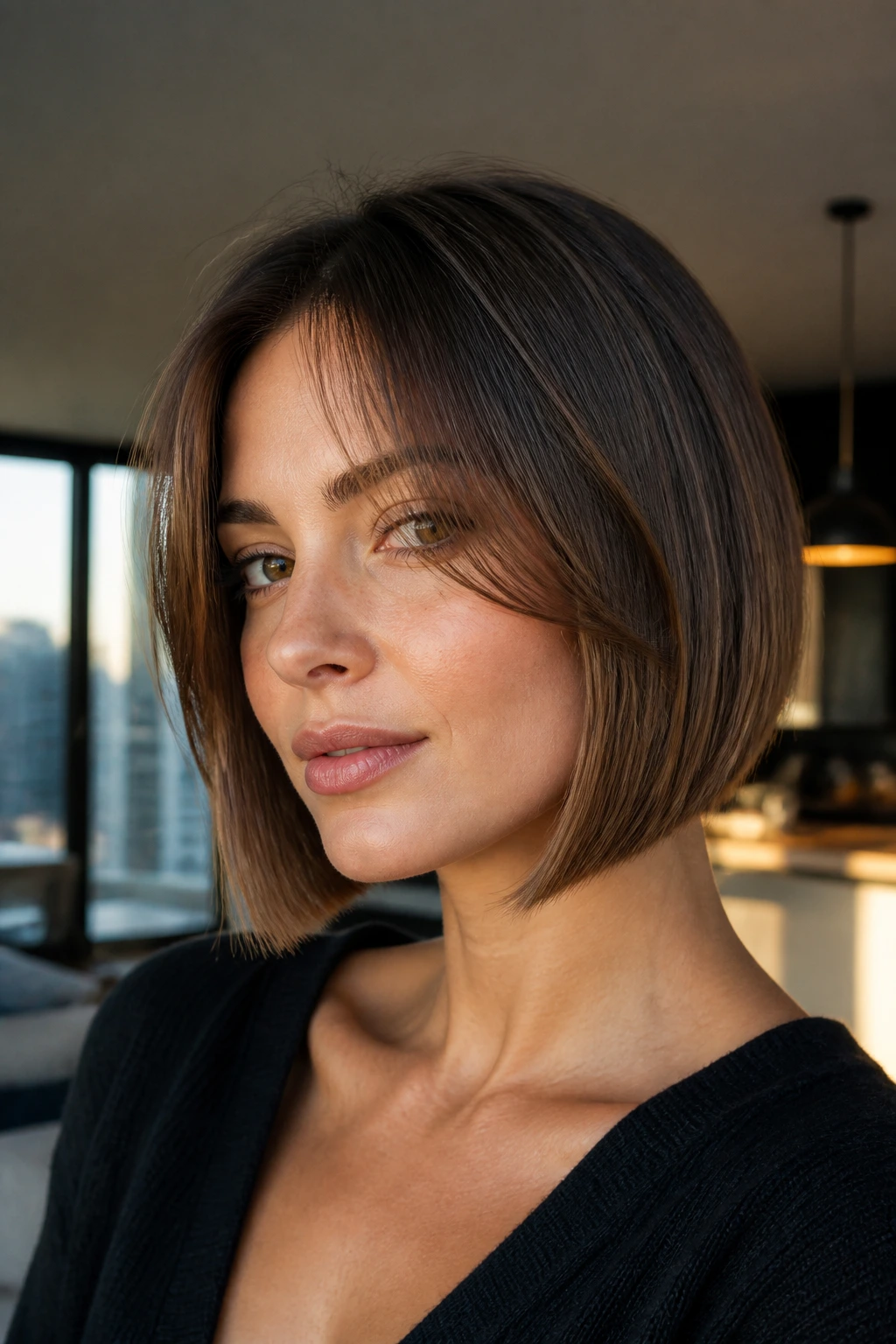 Close-up portrait of a woman with a blunt angled bob and feathered curtain bangs.