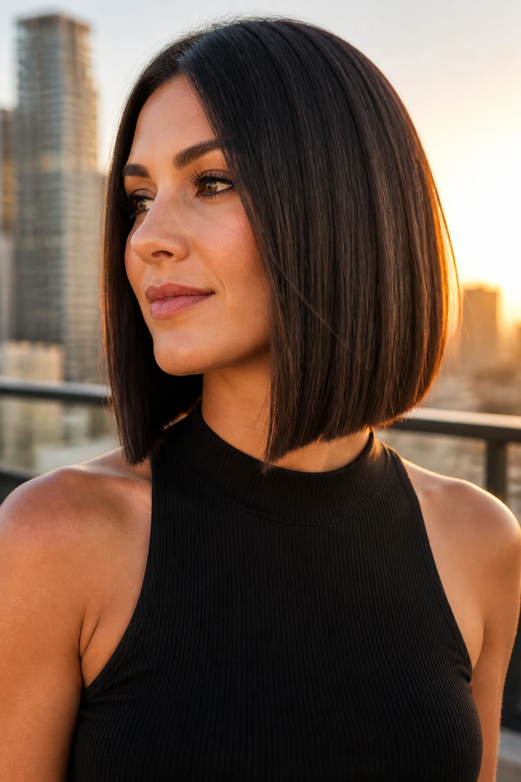 Portrait of a woman with blunt angled bob in golden hour light