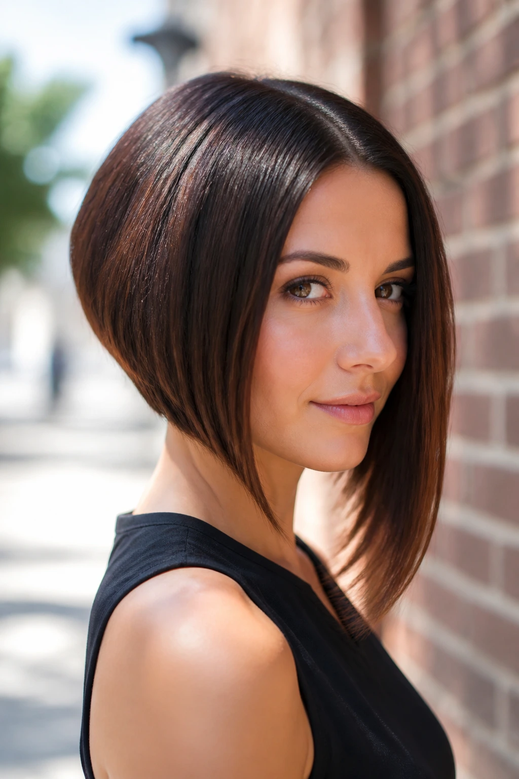 Real woman with blunt asymmetrical bob framing the face.