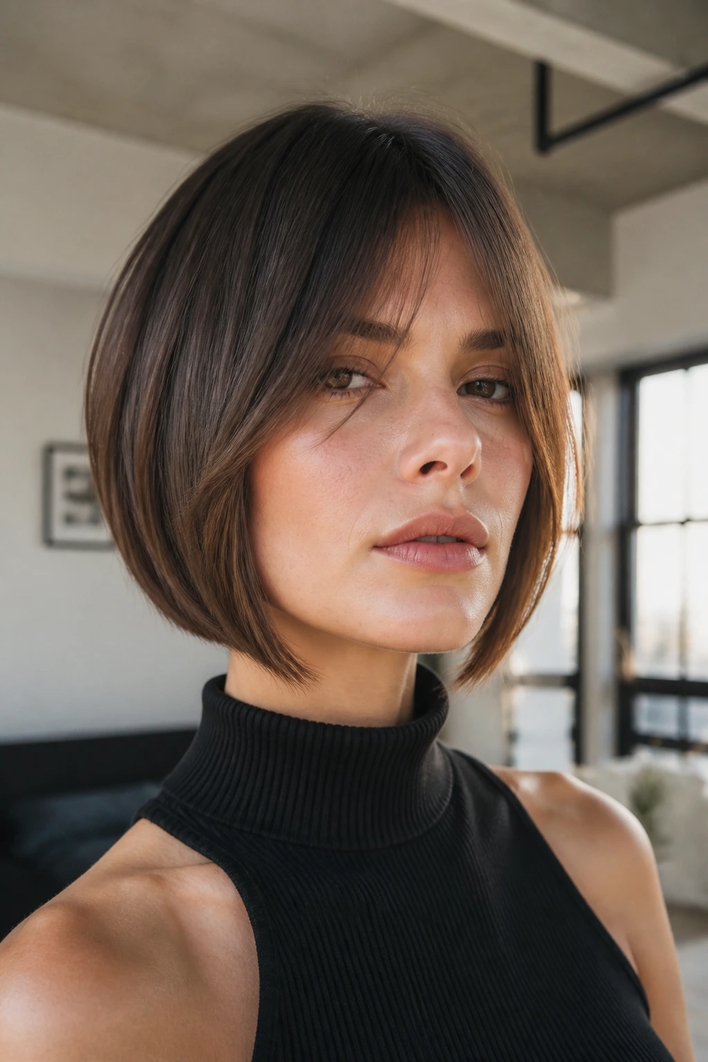 Portrait of a woman with blunt-back angled bob and long front pieces.