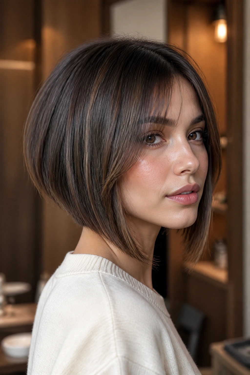 Close-up of a real woman with blunt-back longer-front bob and bangs in a warm interior