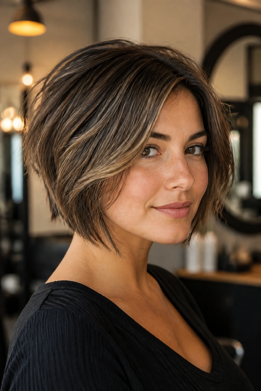 Close-up of a real woman with blunt-back textured-front stacked bob
