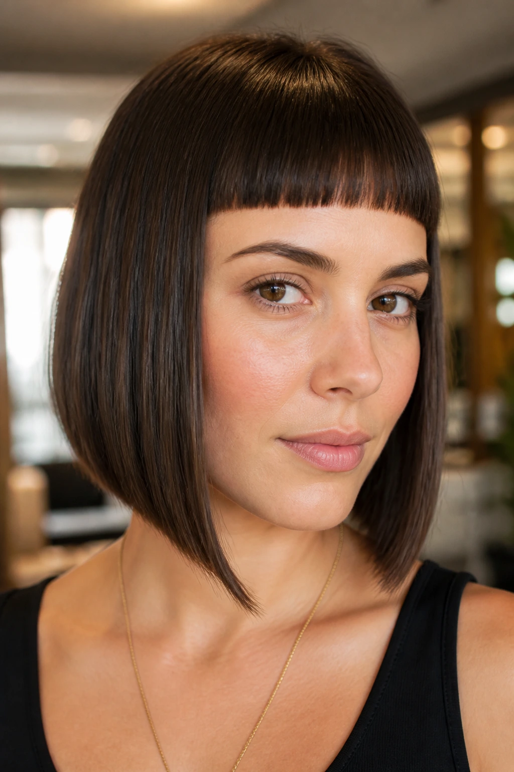 Close-up portrait of a woman with blunt-cut baby bangs and an A-line bob in warm window light