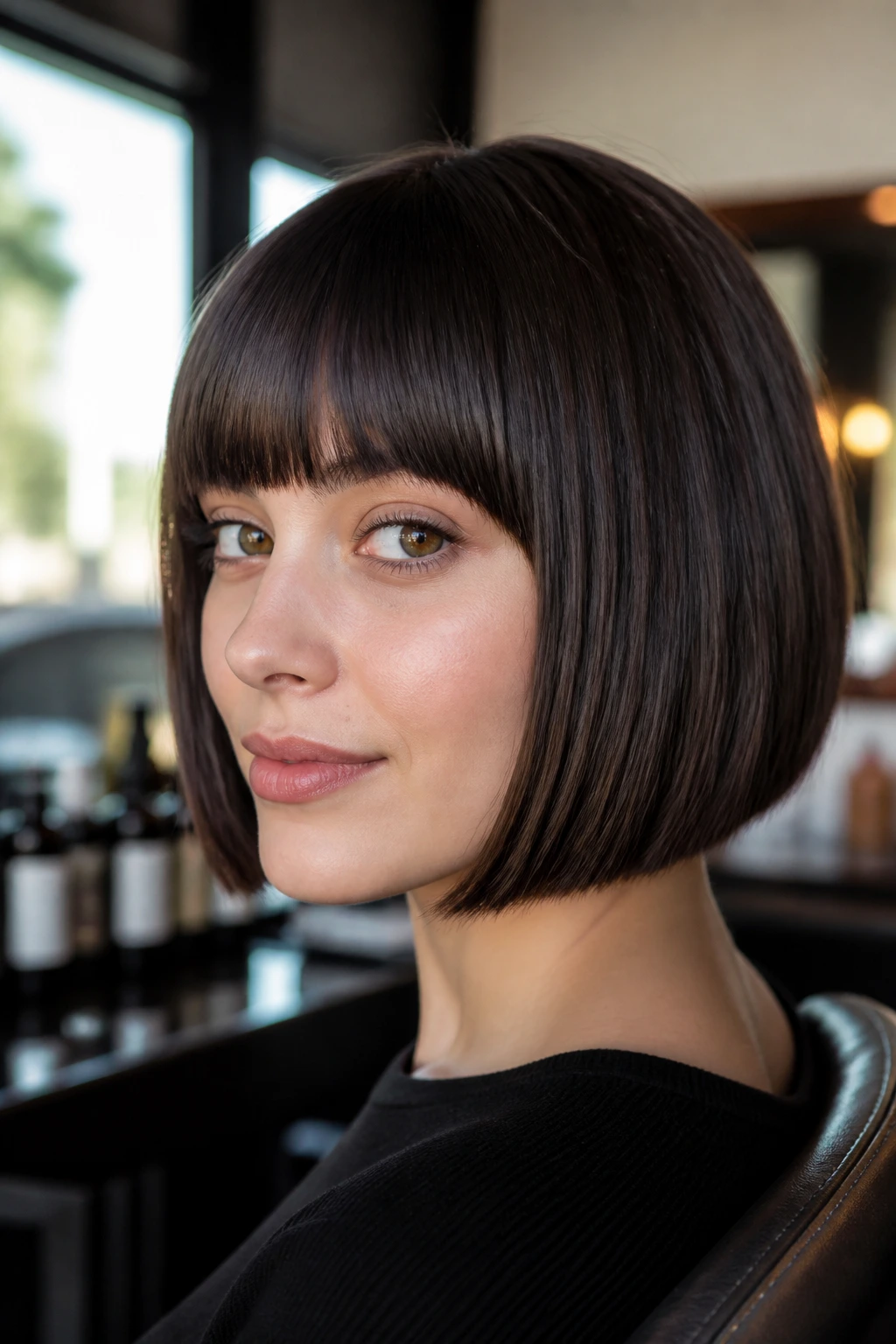 Portrait of a person with a chin-length blunt bob and blunt bangs.