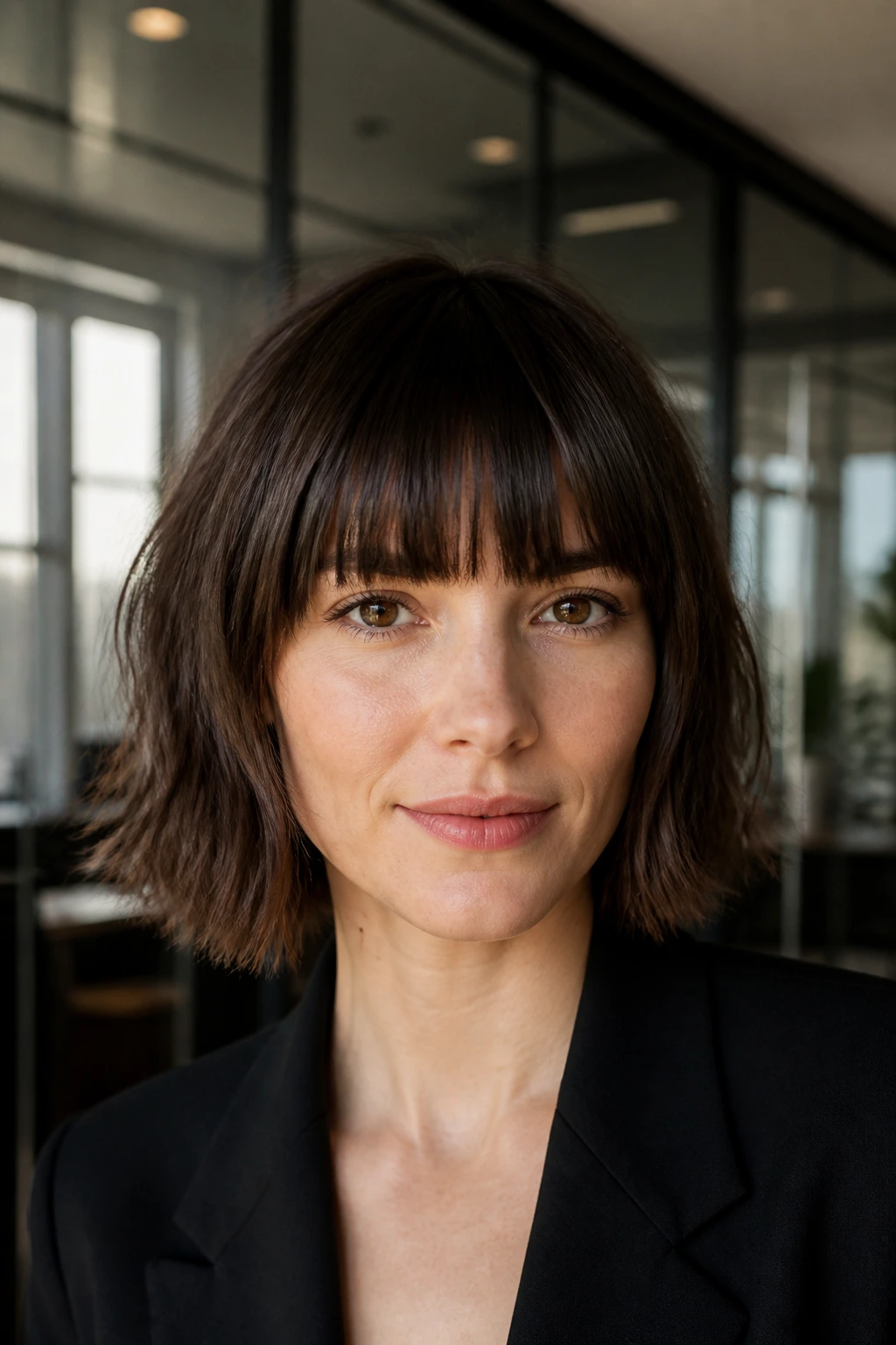 Portrait of a real woman with blunt bangs and choppy ends in an office setting