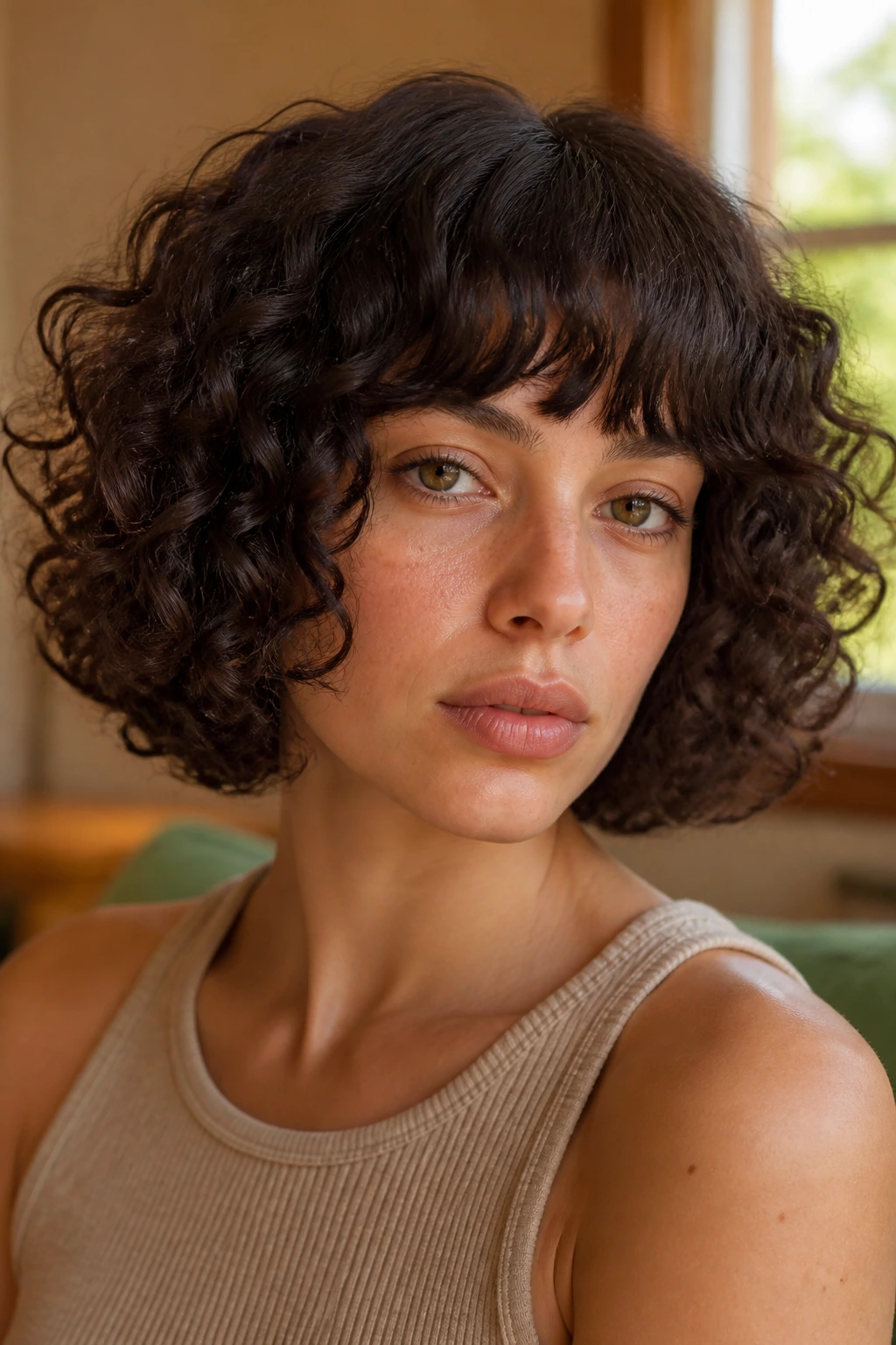 Close-up portrait of a real person with curly hair and blunt bangs