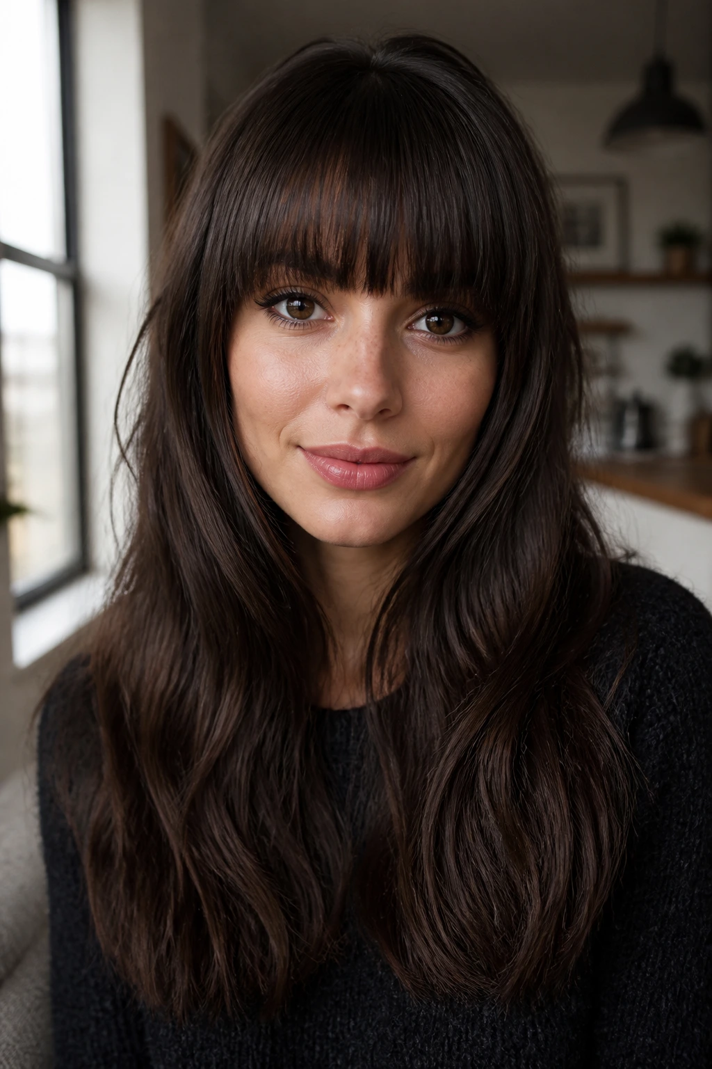 Close-up of a real person wearing thick blunt bangs.