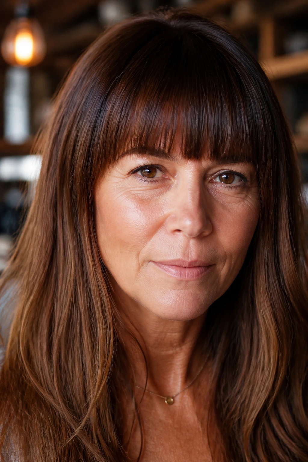 Portrait of a woman with eyebrow-grazing blunt bangs