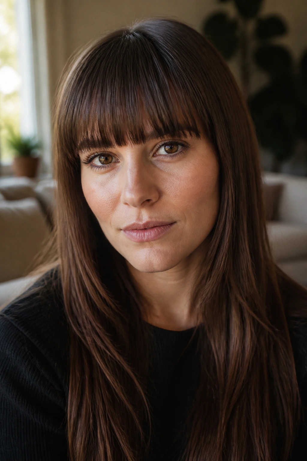Close-up of a real woman sporting blunt edge eyebrow-grazing bangs resting at the brows.