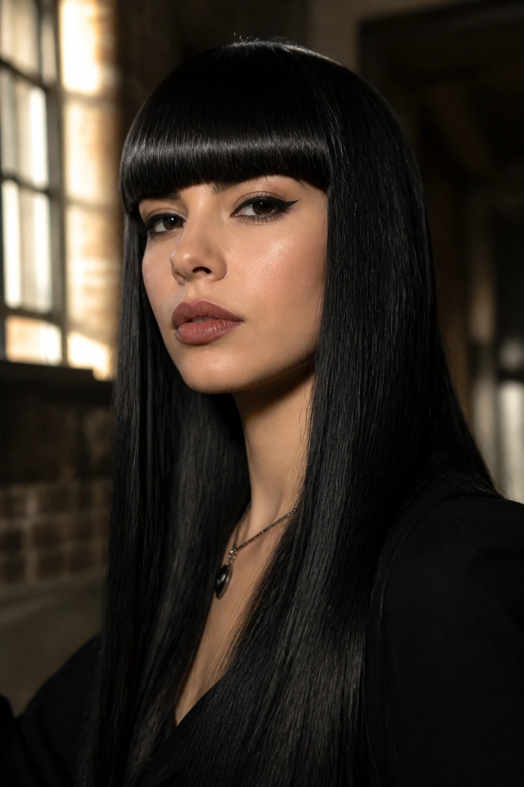 Close-up of a real person with jet black hair and blunt bangs with high gloss shine