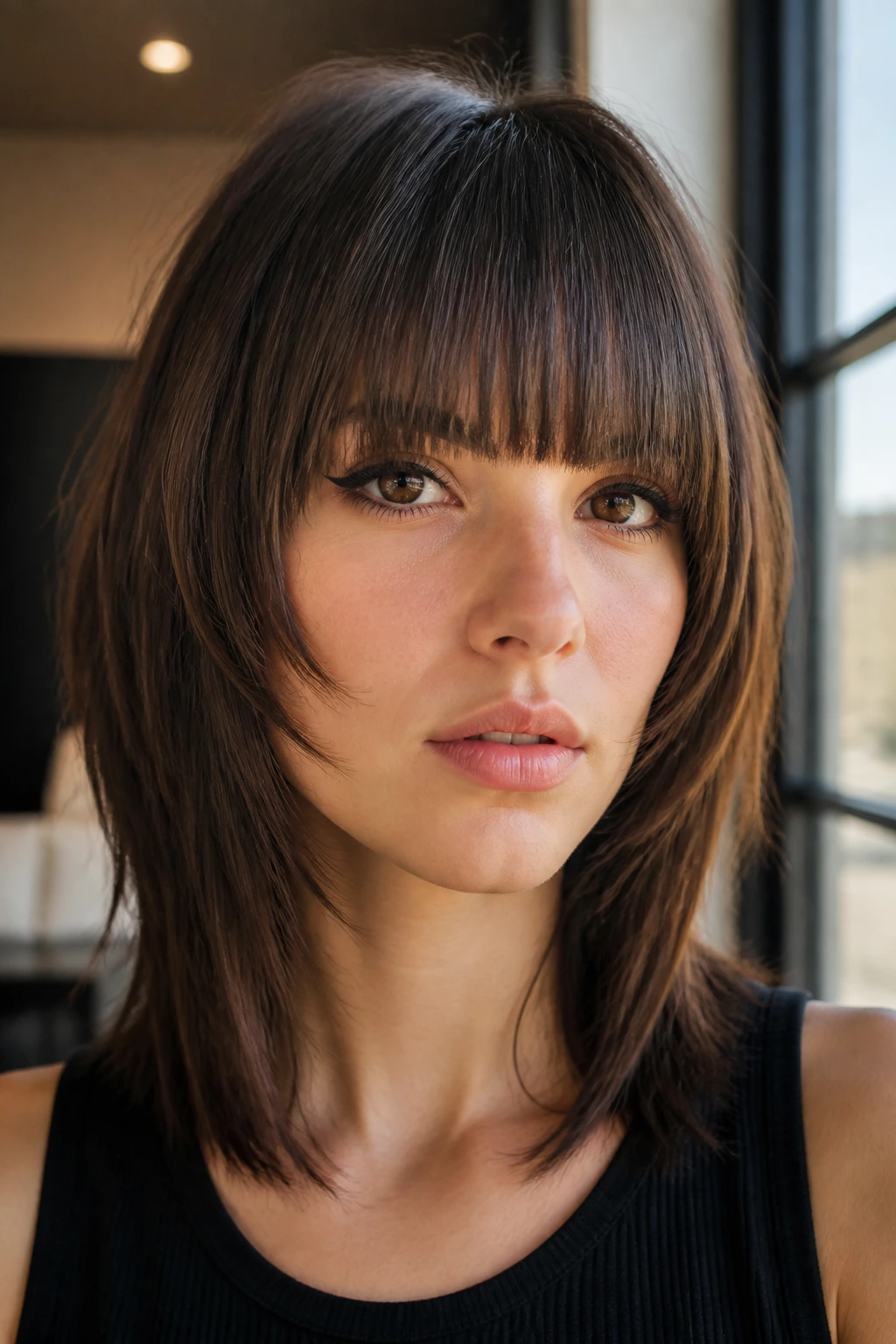 Close-up of a real woman with blunt bangs and graduated side pieces
