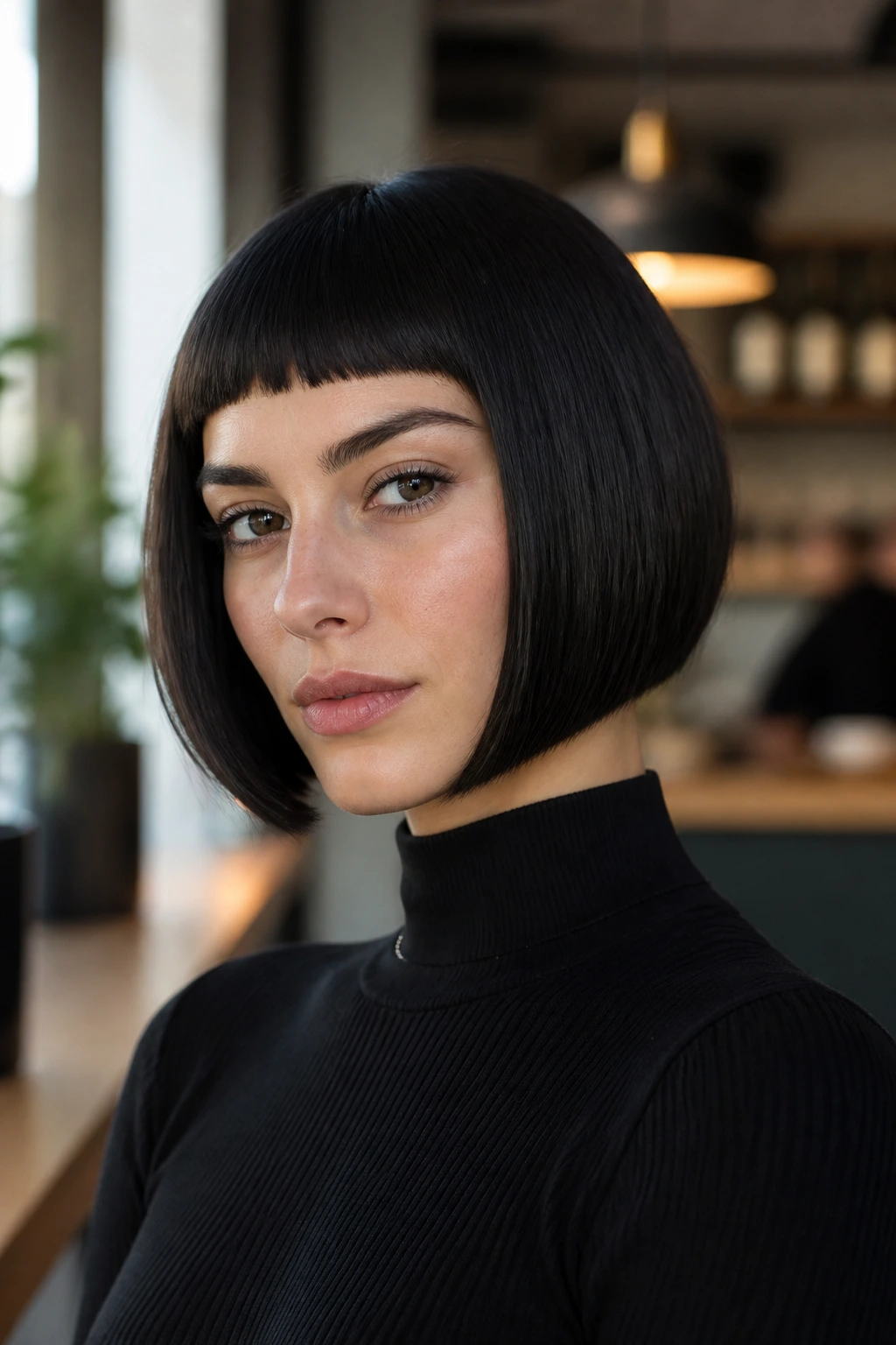 Close-up portrait of a woman with blunt baby bangs and inverted bob