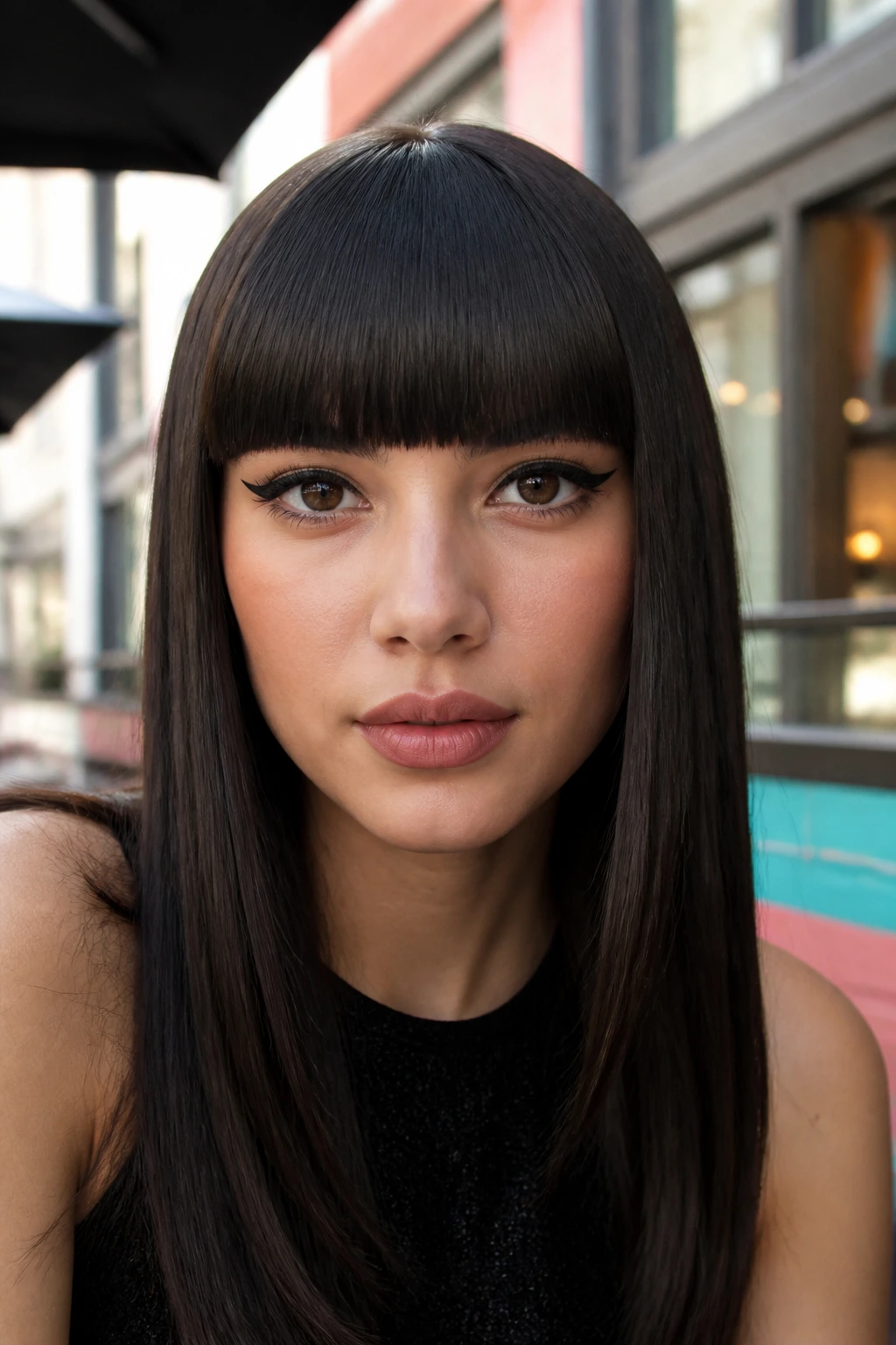 Close-up of real woman with straight blunt bangs at lash line