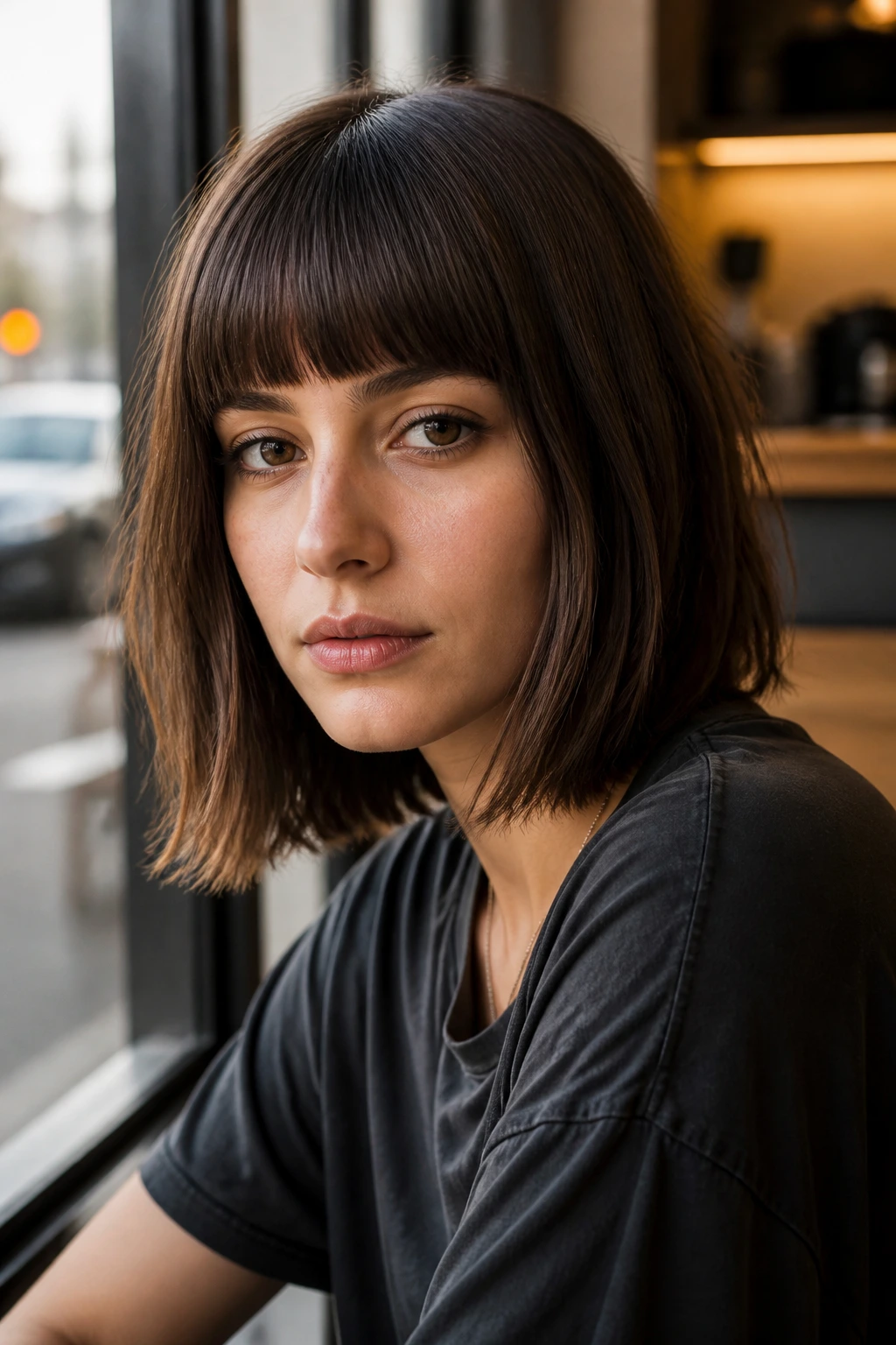 Portrait of a woman with blunt fringe and shoulder-length lob in cafe light