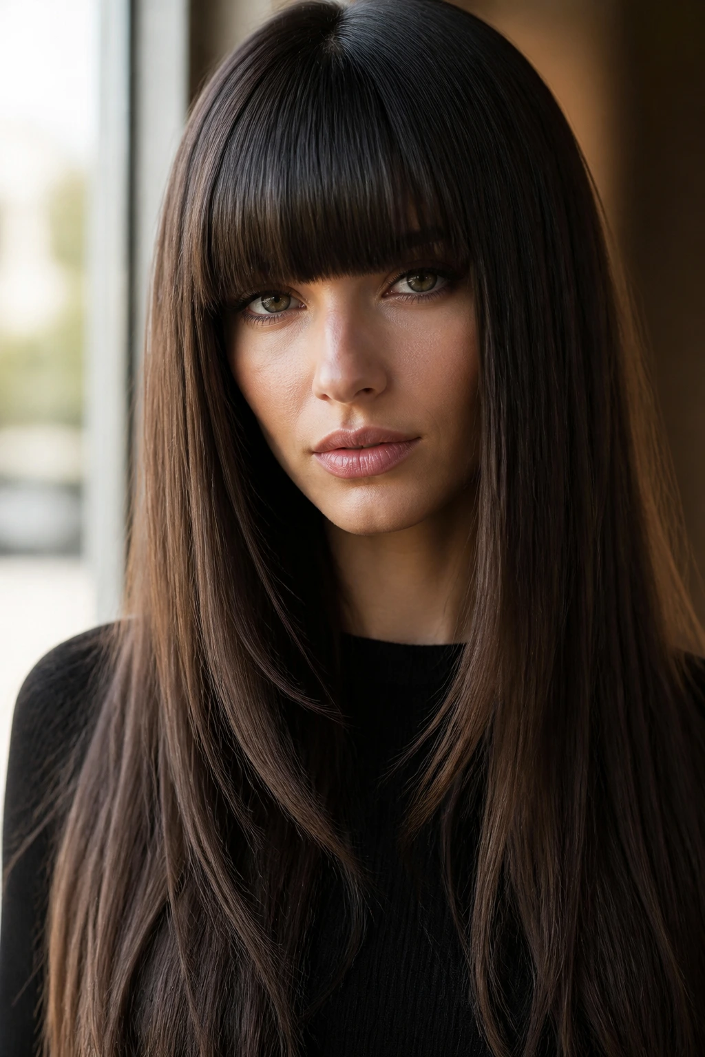 Portrait of a real woman with blunt bangs and long razor-sharp layers