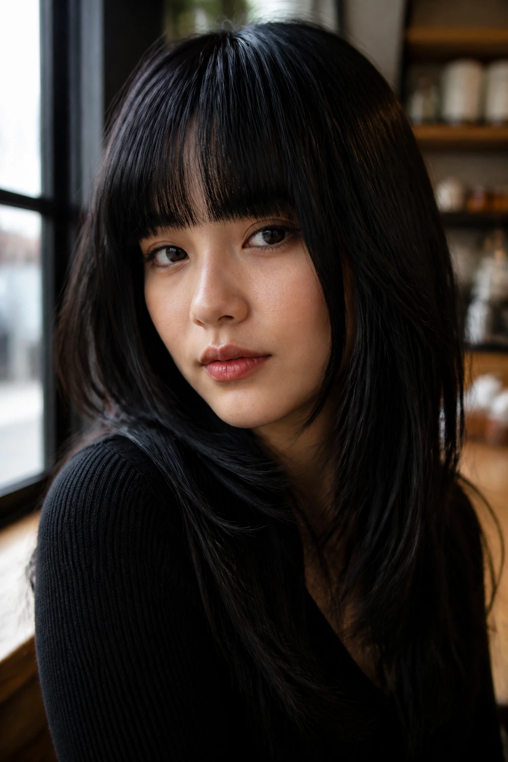 Portrait of a person with blunt bangs and long layers in jet-black hair