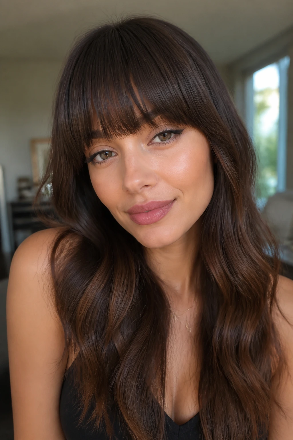 Close-up of a real woman with blunt-cut bangs and long waves in a cozy living room.