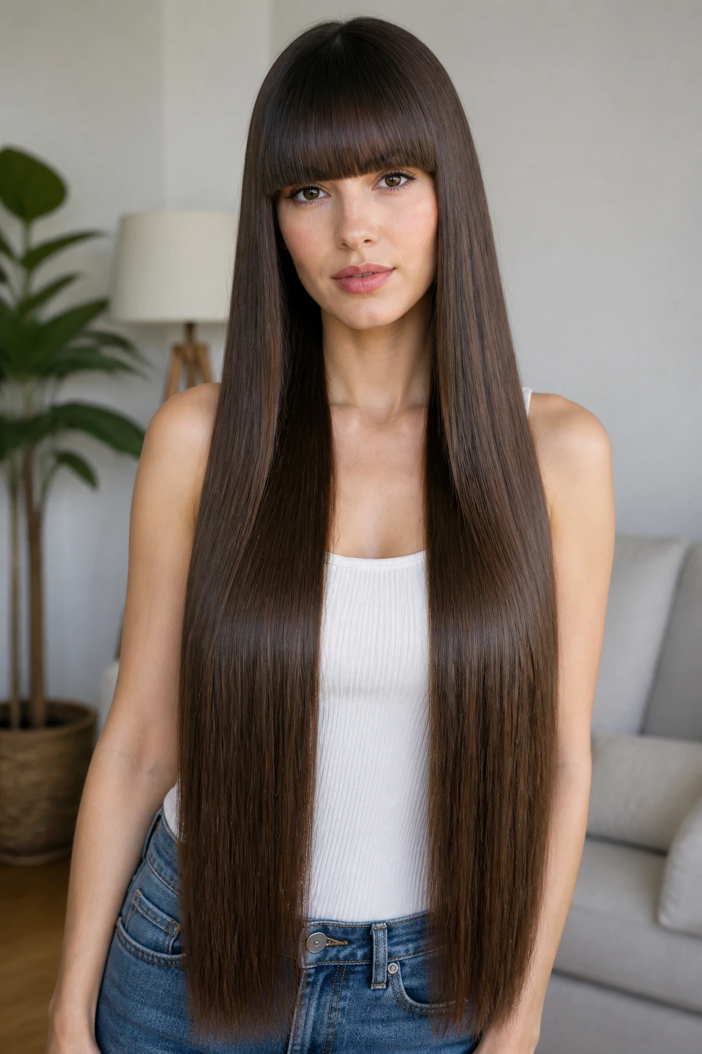 Real woman with blunt bangs and long straight blunt-cut hair in a softly lit living room