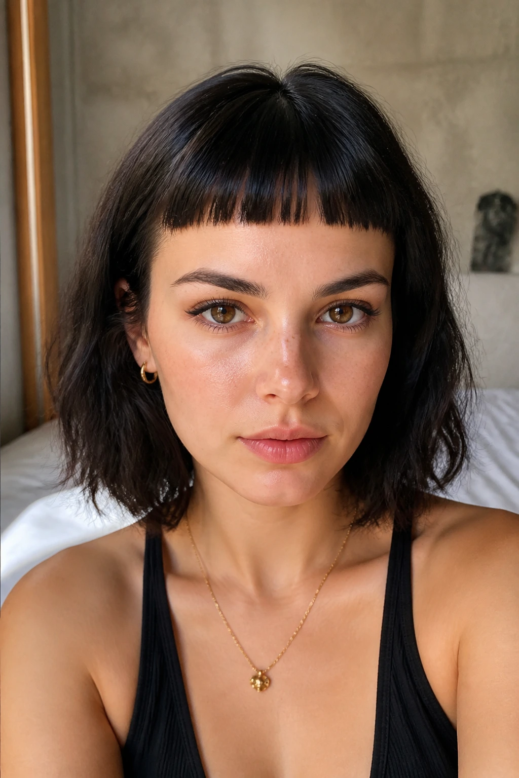 Close-up portrait of a real person with blunt baby bangs under warm natural window light