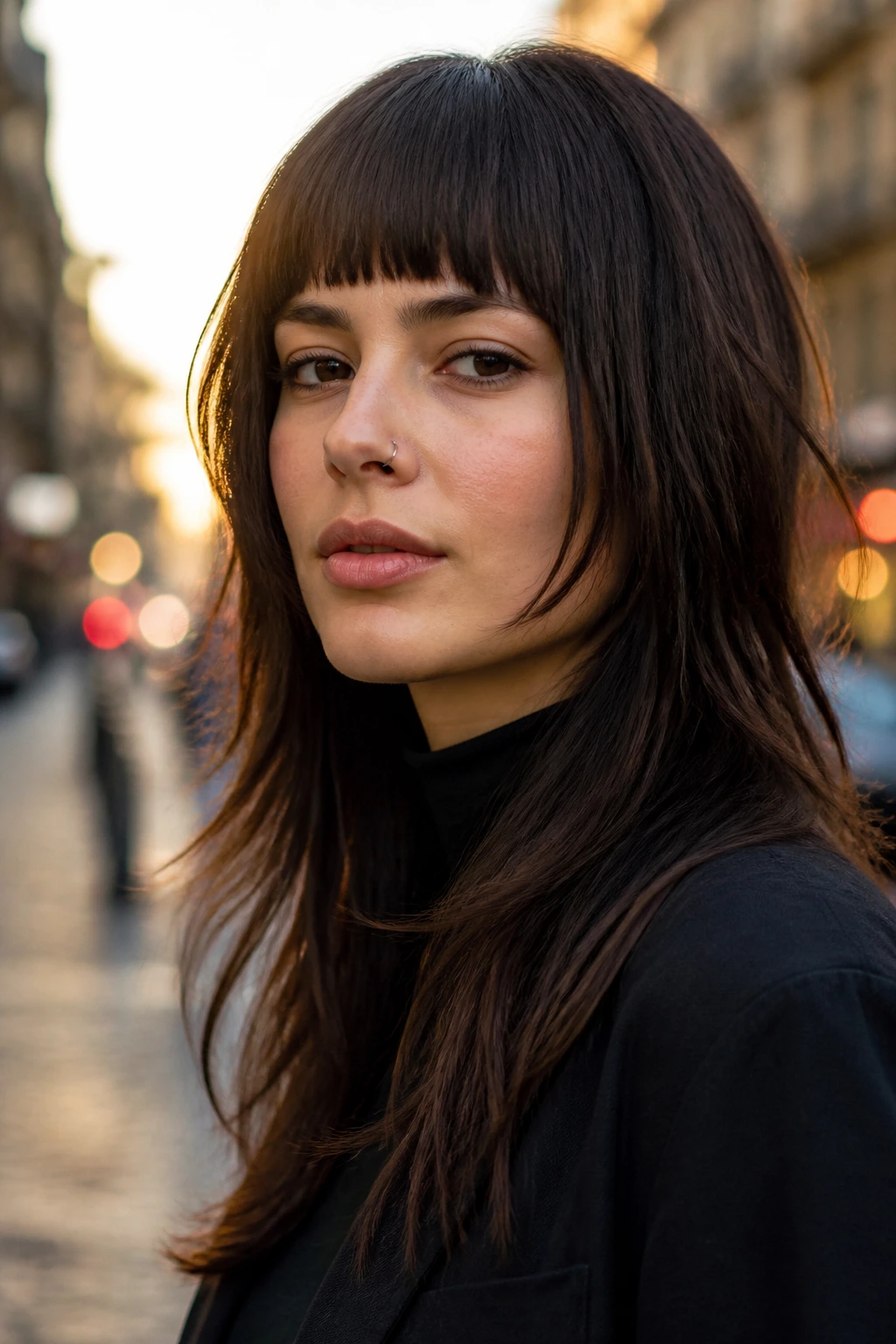 Close-up of a real woman with blunt bangs and face-framing shag for a modern look.