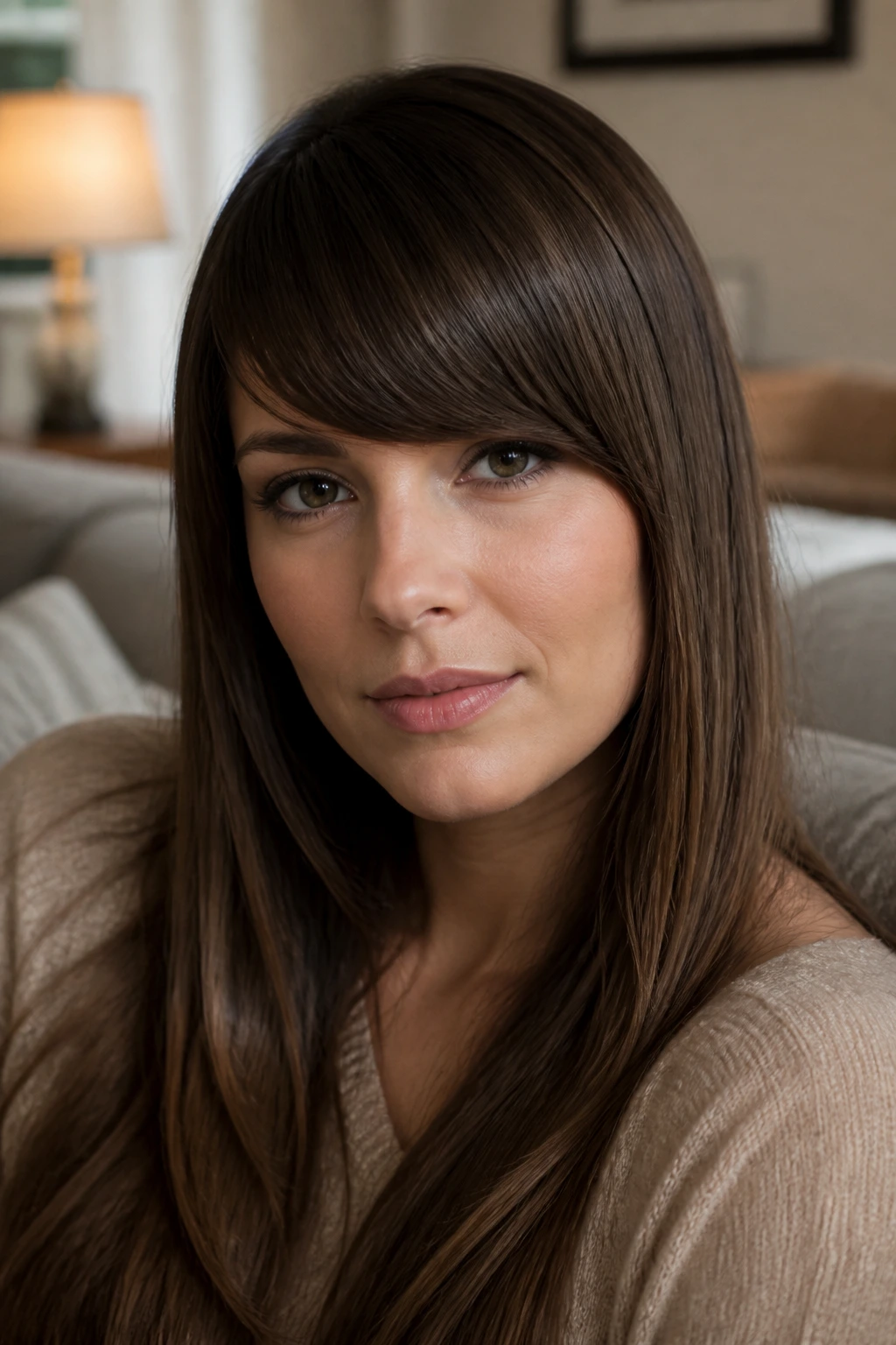 Close-up of a woman with soft angled blunt bangs in warm living room light