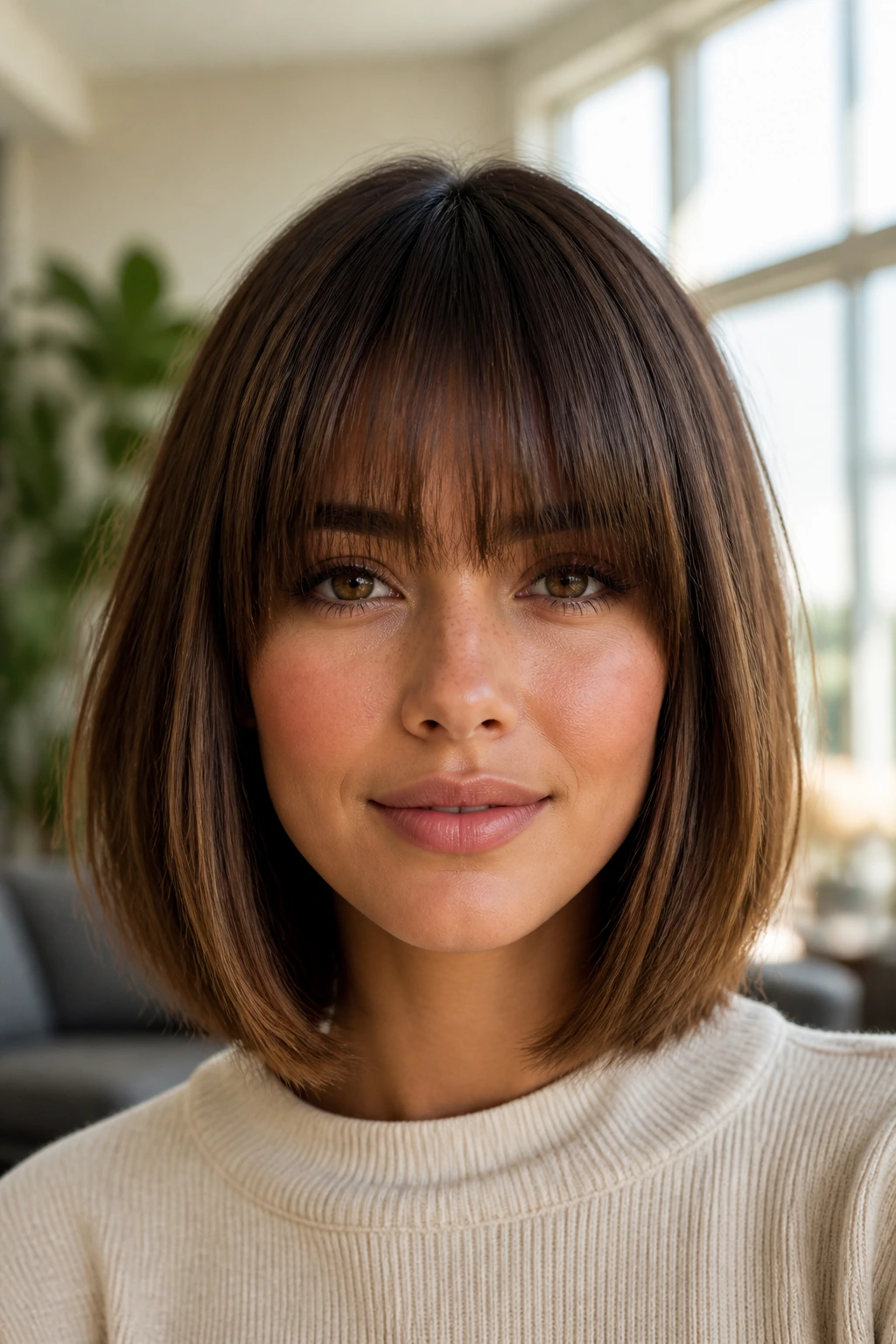 Portrait of a woman with blunt bangs and soft layers in a bright living room.