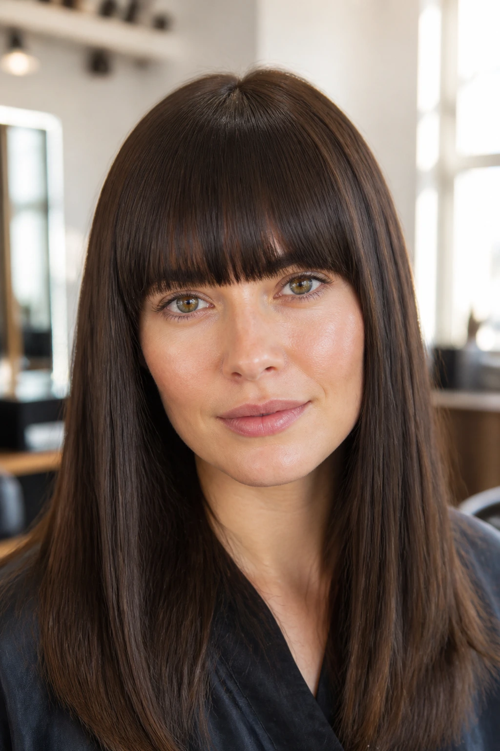 Portrait of a person with thick blunt bangs grazing the eyebrows