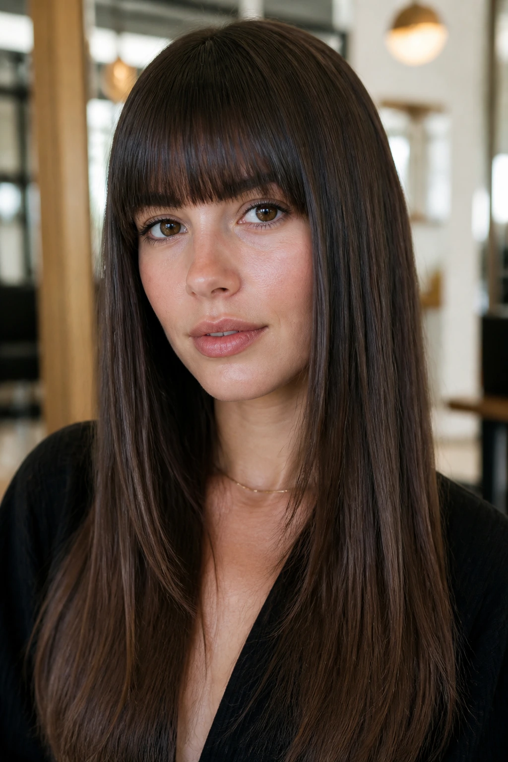 Close-up portrait showing blunt bangs and sleek straight hair under natural salon lighting