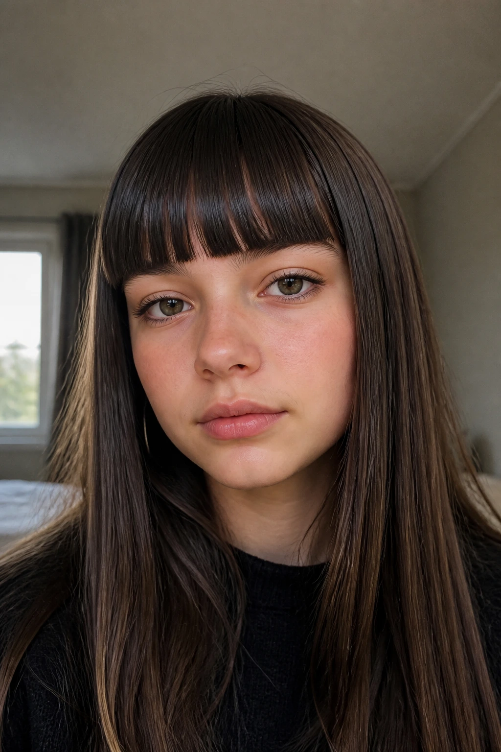 Close-up portrait of a teen with blunt bangs and straight hair.