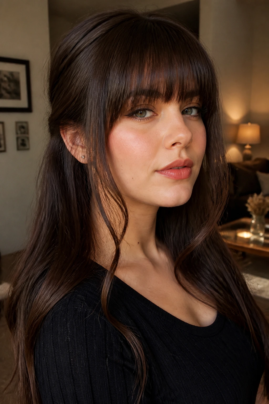 Close-up portrait of a woman with blunt bangs and face framing tendrils indoors in warm light